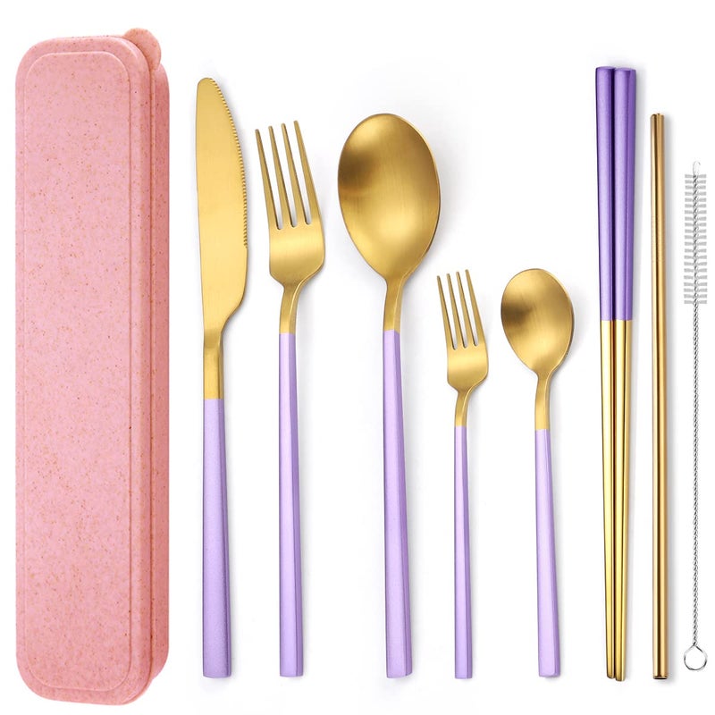 AARAINBOW 8 Pieces Stainless Steel Flatware Set Portable Reusable Cutlery Set Travel Utensils Set Including Chopsticks Knife Fork Spoon Straws Cleaning Brush Dishwasher Safe Blue Golden