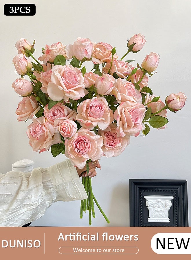 DUNISO 3 Pcs Roses Artificial Flowers, Artificial Pink Roses Flower Stems,Light Pink Roses Fake Flower, Realistic Flower Arrangements, Bridal Wedding Bouquet, Decorative Faux Floral for Home Party Office Hotel Table Kitchen Decor - Image 1