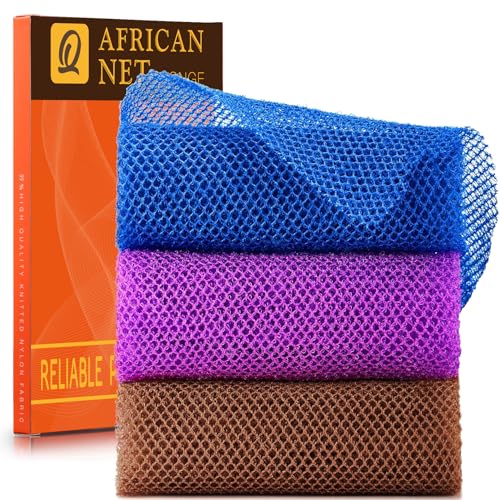 UJFQBH 3 Pieces African Bath Sponge African Net Long Net Bath Sponge Exfoliating Shower Body Scrubber Back Scrubber Skin Smoother,Great for Daily Use (Brown, Blue, Purple) - Image 1