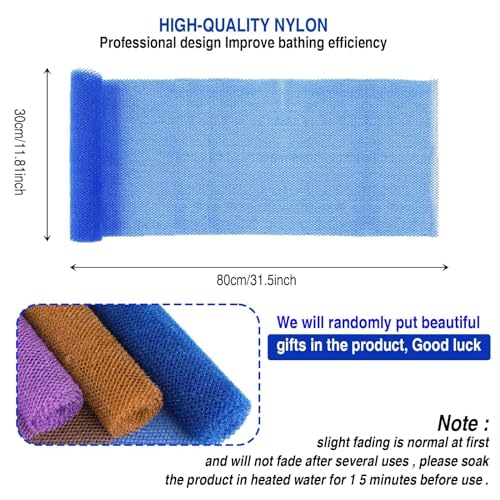 UJFQBH 3 Pieces African Bath Sponge African Net Long Net Bath Sponge Exfoliating Shower Body Scrubber Back Scrubber Skin Smoother,Great for Daily Use (Brown, Blue, Purple) - Image 3