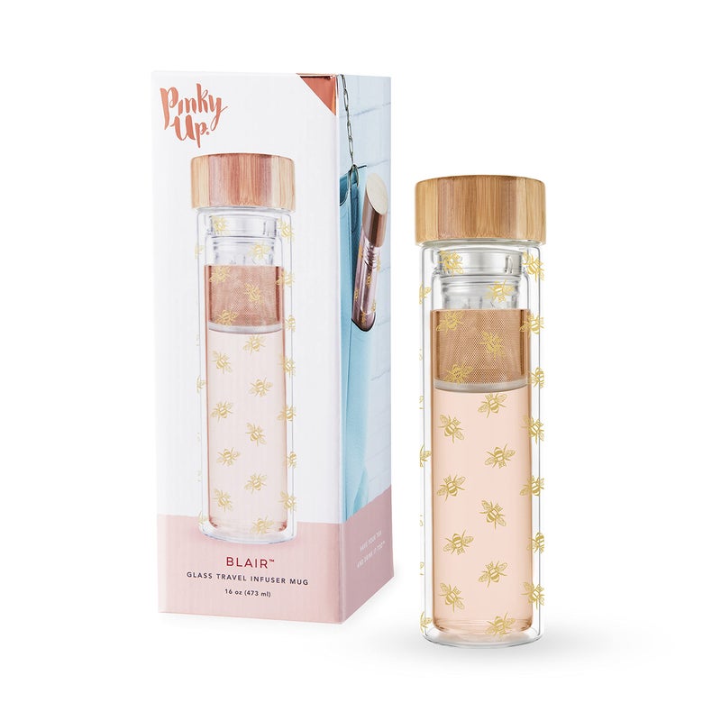 Pinky Up Blair Tea Infuser Mug with Strainer and Lid Double Walled Glass Tumbler for Home Office Travel Picnic Camping 16 oz Set of 1 Arabesque Gold