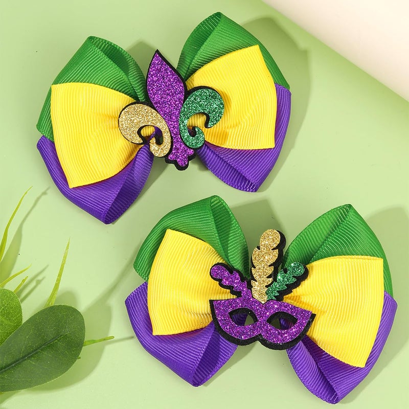 YYKITCHEN 2Pcs Glitter Mardi Gras Hair Bows for Women, Girls, Teens, Toddlers, Kidsï¼ŒPurple Green Yellow Festival Ribbon Clips for Mardi Gras Celebration, Carnival Hair Accessories (Carnival A) - Image 2
