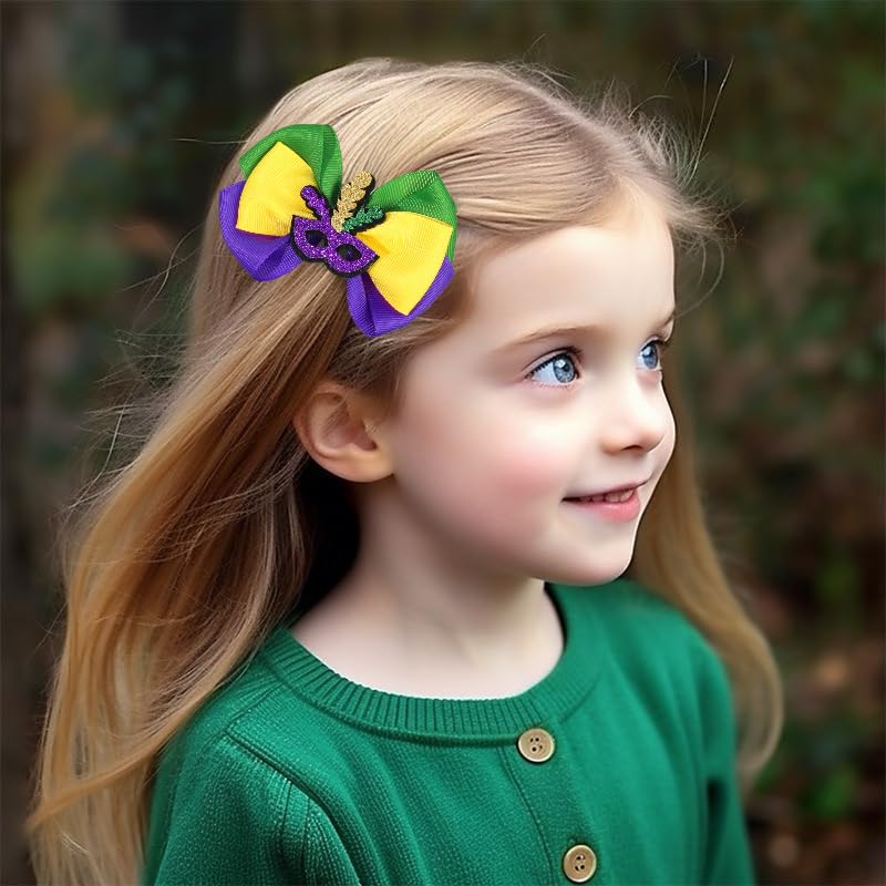 YYKITCHEN 2Pcs Glitter Mardi Gras Hair Bows for Women, Girls, Teens, Toddlers, Kidsï¼ŒPurple Green Yellow Festival Ribbon Clips for Mardi Gras Celebration, Carnival Hair Accessories (Carnival A) - Image 5