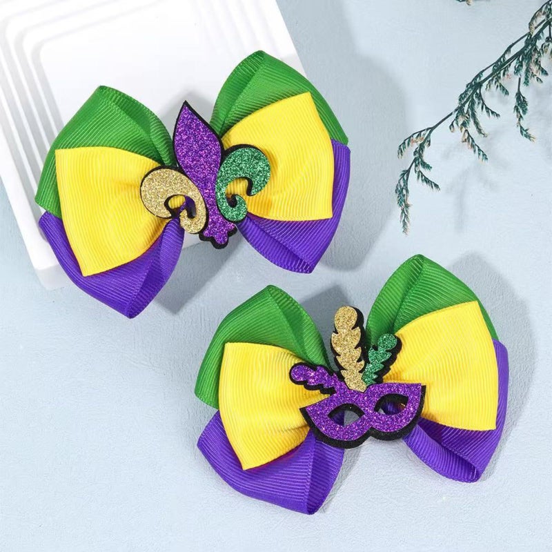 YYKITCHEN 2Pcs Glitter Mardi Gras Hair Bows for Women, Girls, Teens, Toddlers, Kidsï¼ŒPurple Green Yellow Festival Ribbon Clips for Mardi Gras Celebration, Carnival Hair Accessories (Carnival A) - Image 1