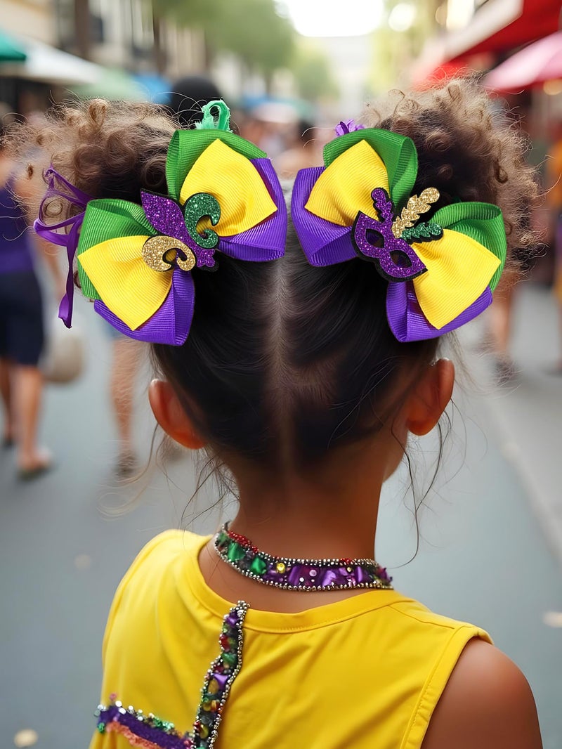 YYKITCHEN 2Pcs Glitter Mardi Gras Hair Bows for Women, Girls, Teens, Toddlers, Kidsï¼ŒPurple Green Yellow Festival Ribbon Clips for Mardi Gras Celebration, Carnival Hair Accessories (Carnival A) - Image 4