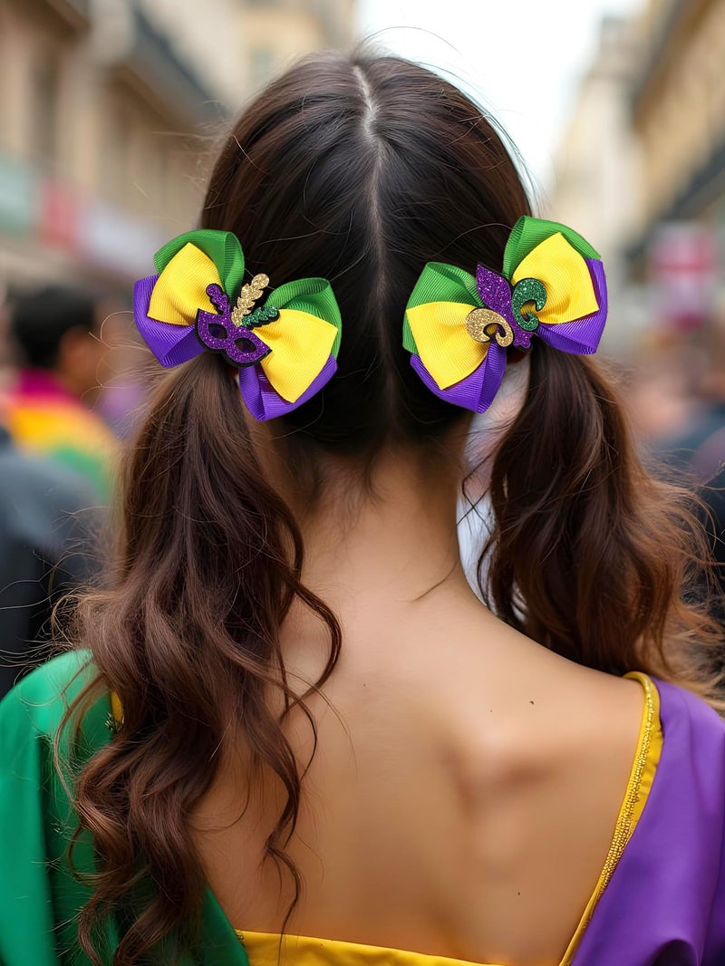 YYKITCHEN 2Pcs Glitter Mardi Gras Hair Bows for Women, Girls, Teens, Toddlers, Kidsï¼ŒPurple Green Yellow Festival Ribbon Clips for Mardi Gras Celebration, Carnival Hair Accessories (Carnival A) - Image 3