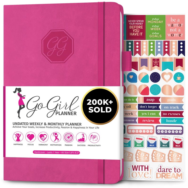 GoGirl Planner and Organizer for Women A5 Size Weekly Planner Goals Journal Agenda to Improve Time Management Productivity Live Happier Undated Start Anytime Lasts 1 Year Hot Pink