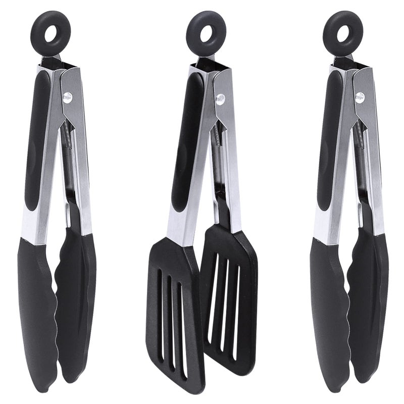 Goalfly Mini Kitchen Tongs 7 Inch Silicone Tongs with Silicone Tips 1pc Spatula Tong 2pcs Basic Food Tongs Cooking Tongs fo Frying Set of 3