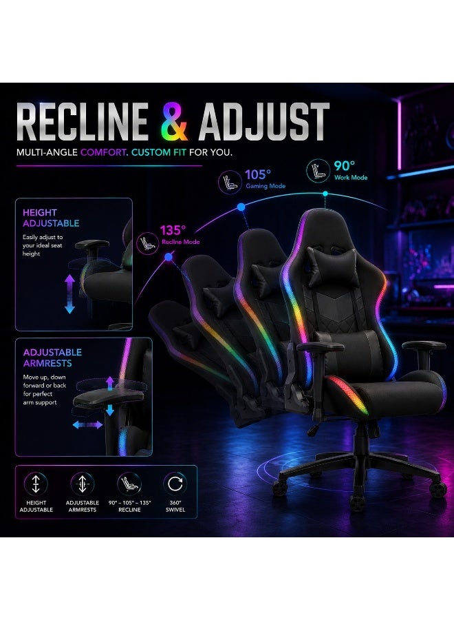 كرسي ألعاب RGB بظهر مرتفع وكسوة جلد PU، ارتفاع ومساند ذراع قابلة للتعديل، إمالة حتى 135 درجة، وسادتا رأس وظهر ودوران 360 درجة - Image 5