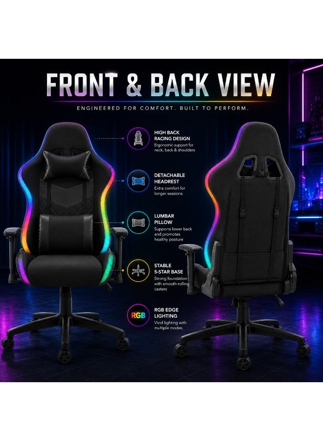كرسي ألعاب RGB بظهر مرتفع وكسوة جلد PU، ارتفاع ومساند ذراع قابلة للتعديل، إمالة حتى 135 درجة، وسادتا رأس وظهر ودوران 360 درجة - Image 3