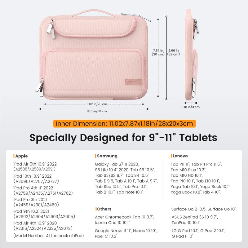 MoKo 9-11 Inch Tablet Sleeve Bag, Fits iPadAir 5/4th 10.9, iPadPro 11 Inch, iPad 9/8th 10.2, iPad 10th 10.9, Tab S8/S9 11",Waterproof Polyester Bag with Double Pockets,Retractable Handle, Pink - Image 3