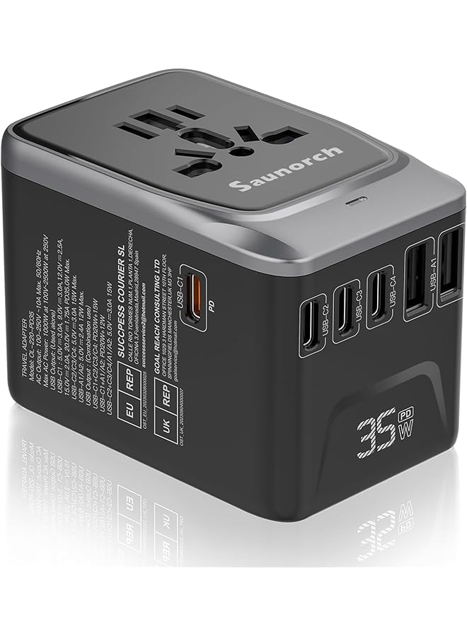 SAUNORCH محول سفر عالمي SAUNORCH، PD 35W 7 في 1 محول طاقة دولي مع 7.0A 4 USB-C و 2 USB-A شاحن حائط سريع، مخرج AC عالمي للولايات المتحدة وأوروبا والمملكة المتحدة وأستراليا (أسود + فضي) - Image 1