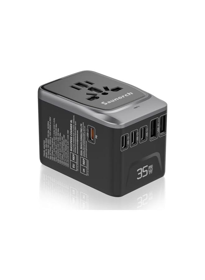 SAUNORCH محول سفر عالمي SAUNORCH، PD 35W 7 في 1 محول طاقة دولي مع 7.0A 4 USB-C و 2 USB-A شاحن حائط سريع، مخرج AC عالمي للولايات المتحدة وأوروبا والمملكة المتحدة وأستراليا (أسود + فضي) - Image 2