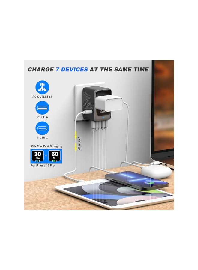 SAUNORCH محول سفر عالمي SAUNORCH، PD 35W 7 في 1 محول طاقة دولي مع 7.0A 4 USB-C و 2 USB-A شاحن حائط سريع، مخرج AC عالمي للولايات المتحدة وأوروبا والمملكة المتحدة وأستراليا (أسود + فضي) - Image 3