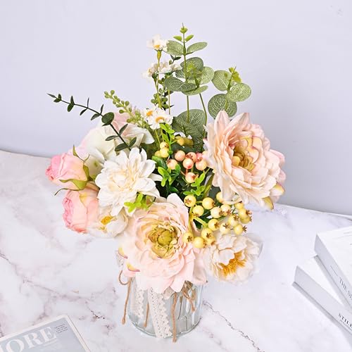 LUEUR Artificial Hydrangea in Vase for Mothers Gifts, Fake Silk Pink Flower Bouquet Artificial Flowers with Pot, Faux Dahlia Arrangement for Spring Living Room, Centerpiece Table Decorations - Image 3