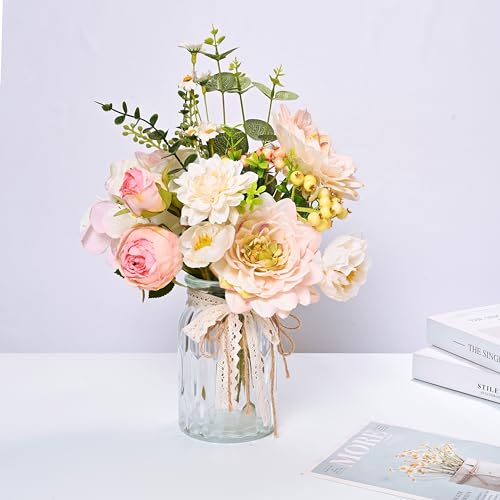 LUEUR Artificial Hydrangea in Vase for Mothers Gifts, Fake Silk Pink Flower Bouquet Artificial Flowers with Pot, Faux Dahlia Arrangement for Spring Living Room, Centerpiece Table Decorations - Image 2