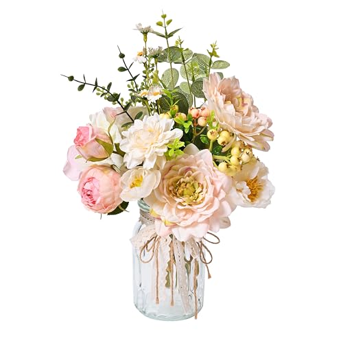 LUEUR Artificial Hydrangea in Vase for Mothers Gifts, Fake Silk Pink Flower Bouquet Artificial Flowers with Pot, Faux Dahlia Arrangement for Spring Living Room, Centerpiece Table Decorations - Image 1