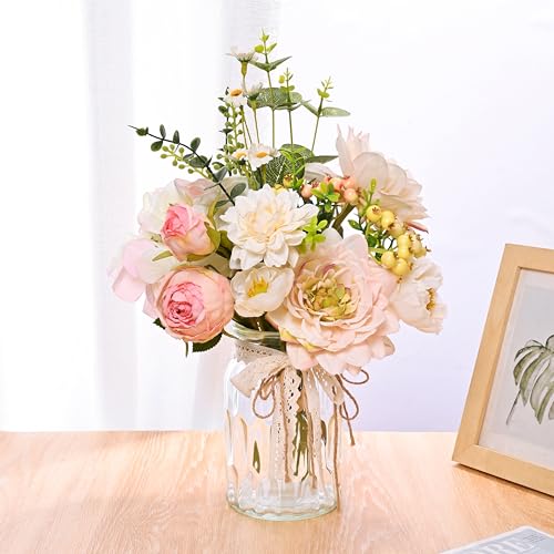 LUEUR Artificial Hydrangea in Vase for Mothers Gifts, Fake Silk Pink Flower Bouquet Artificial Flowers with Pot, Faux Dahlia Arrangement for Spring Living Room, Centerpiece Table Decorations - Image 4