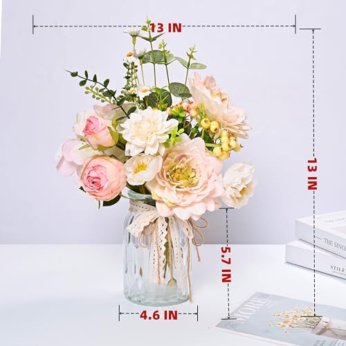 LUEUR Artificial Hydrangea in Vase for Mothers Gifts, Fake Silk Pink Flower Bouquet Artificial Flowers with Pot, Faux Dahlia Arrangement for Spring Living Room, Centerpiece Table Decorations - Image 5