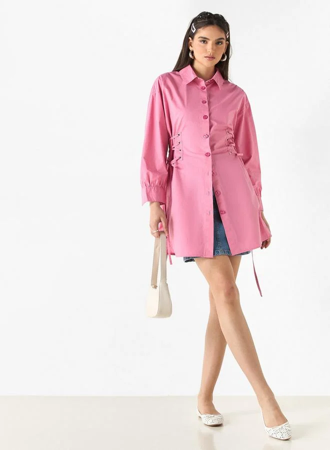 لي كوبر فستان قميص سادة بأكمام طويلة وأربطة من لي كوبر