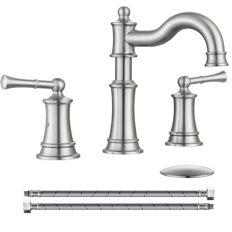 WINKEAR Roman Bathroom Sink Faucet Deck Mount or Wall Mount Installation Popup Drain Assembly with Overflow Deck Plate and Water Supply Lines Included 3 Hole Deck Mount Brushed Nickel