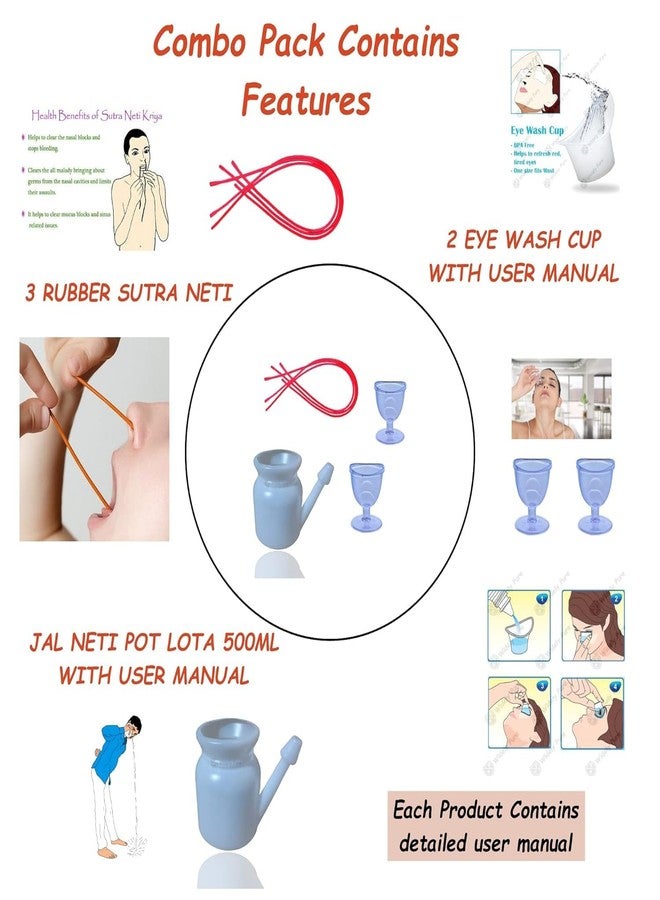 LRK Jal Neti Pot Lota 500ml and 2 Eye Wash Cup and 3 Rubber Sutra neti combo pack with user manual - Image 2