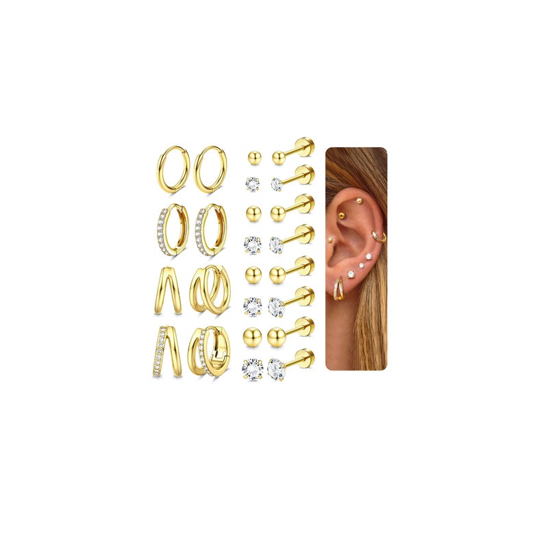 Jstyle Hypoallergenic 14k Gold Plated Stud Hoop Earrings for Women Surgical Stainless Steel Flat Back Earrings Small Stack Hoops Cartilage Earring Set for Multiple Piercing Jewelry Gifts for Women B