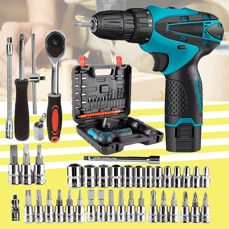 Galaxe Cordless Power Drill Tool Sets 12V Electric Screwdriver Power Tool Set Brushless Cordless Drill with Hand Tool Kit Socket Set GLX12V46SS10 74pcs tool kit - Image 1