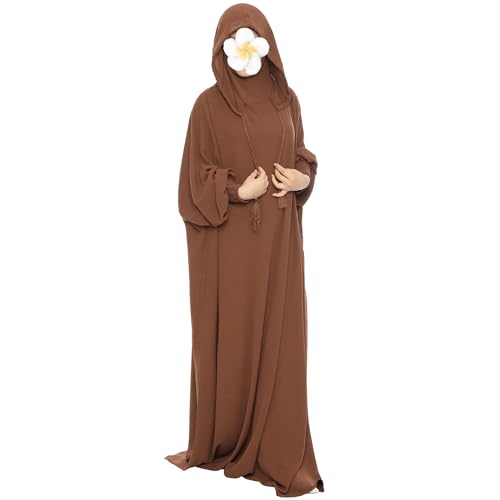 khalat Muslim Prayer Dress Abaya Solid One-Piece Hoodie Abaya Dress for Women Long Maxi Dress Islamic Dubai Jilbab Coffee - Image 2