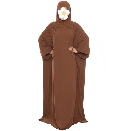 khalat Muslim Prayer Dress Abaya Solid One-Piece Hoodie Abaya Dress for Women Long Maxi Dress Islamic Dubai Jilbab Coffee - Image 1