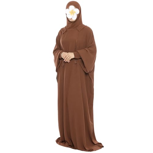 khalat Muslim Prayer Dress Abaya Solid One-Piece Hoodie Abaya Dress for Women Long Maxi Dress Islamic Dubai Jilbab Coffee - Image 3