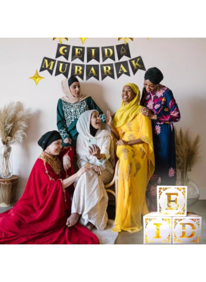 زخارف عيد مبارك -3 قطع صناديق عيد مبارك المجوف مع الأضواء، زخارف عيد مبارك للمنزل، زخارف عيد مبارك لأضواء رمضان، زخارف حزب العيد - Image 3