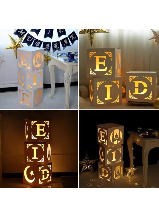 زخارف عيد مبارك -3 قطع صناديق عيد مبارك المجوف مع الأضواء، زخارف عيد مبارك للمنزل، زخارف عيد مبارك لأضواء رمضان، زخارف حزب العيد - Image 4