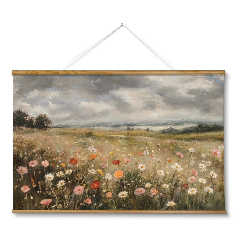 ARPEOTCY Extra Large Vintage Framed Wall Art, 36x54 Inch Colorful Wild Flowers Landscape Hanging Framed Wall Art Decor for Living Room Bedroom Office, Retro Rustic Home Decor Aesthetic - Image 1