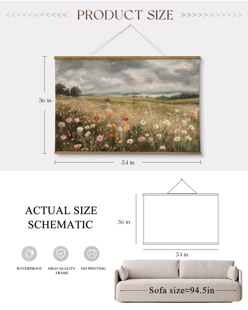 ARPEOTCY Extra Large Vintage Framed Wall Art, 36x54 Inch Colorful Wild Flowers Landscape Hanging Framed Wall Art Decor for Living Room Bedroom Office, Retro Rustic Home Decor Aesthetic - Image 3