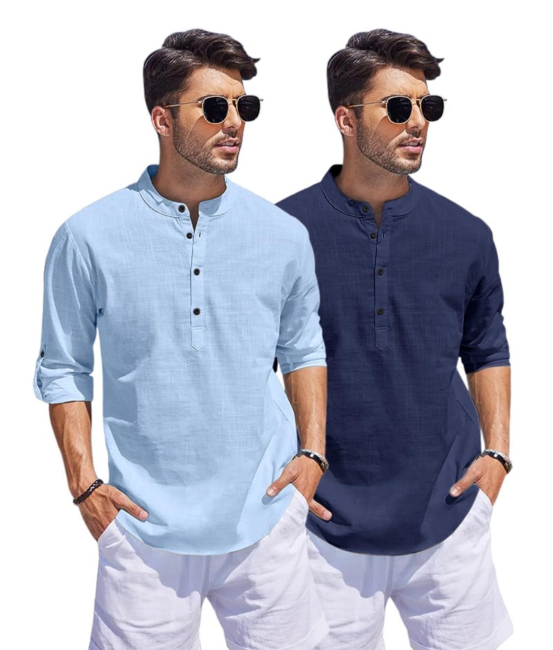 Bellstone Men's Cotton Blend Straight Kurta Shirt Combo with Mandarin Collar - Slim Fit Casual Short Kurti Set Featuring Textured Slub Fabric and Roll-Up Full Sleeves - Image 3
