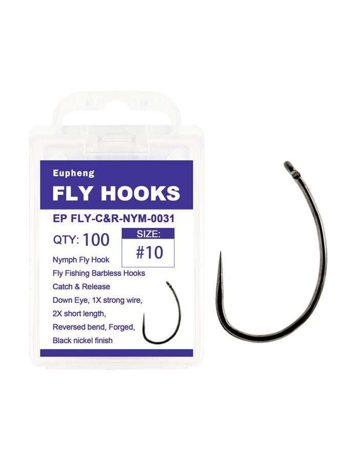 EUPHENG Fly Fishing Hooks 100pc Pack Barbless Catch & Release Dry Wet Nymph Shrimp&Pupa, Streamer, Caddis, Jig, Scud Flies Fishing Hooks (#10, EP Fly-C&R-NYM-0031) - Image 1