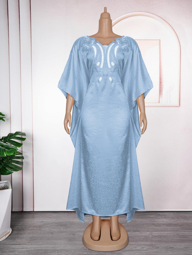 HD African Emroidery&Rhinestone Kaftan Dress for Women Blue Casual Maxi One Size Gown with Inner Adjustable Belt - Image 5