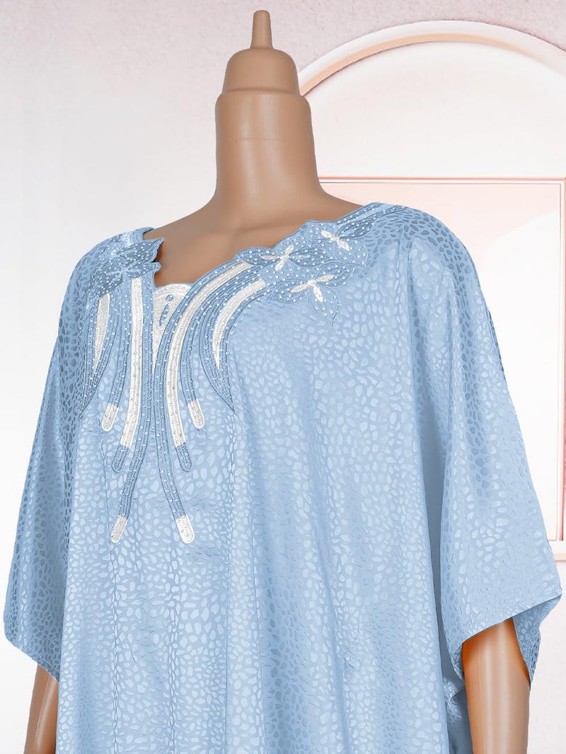 HD African Emroidery&Rhinestone Kaftan Dress for Women Blue Casual Maxi One Size Gown with Inner Adjustable Belt - Image 3