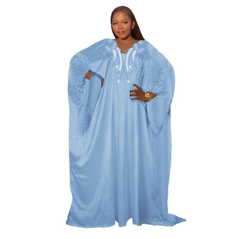 HD African Emroidery&Rhinestone Kaftan Dress for Women Blue Casual Maxi One Size Gown with Inner Adjustable Belt - Image 1