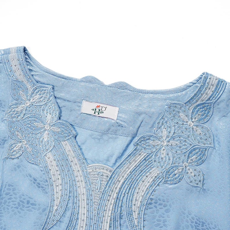 HD African Emroidery&Rhinestone Kaftan Dress for Women Blue Casual Maxi One Size Gown with Inner Adjustable Belt - Image 4