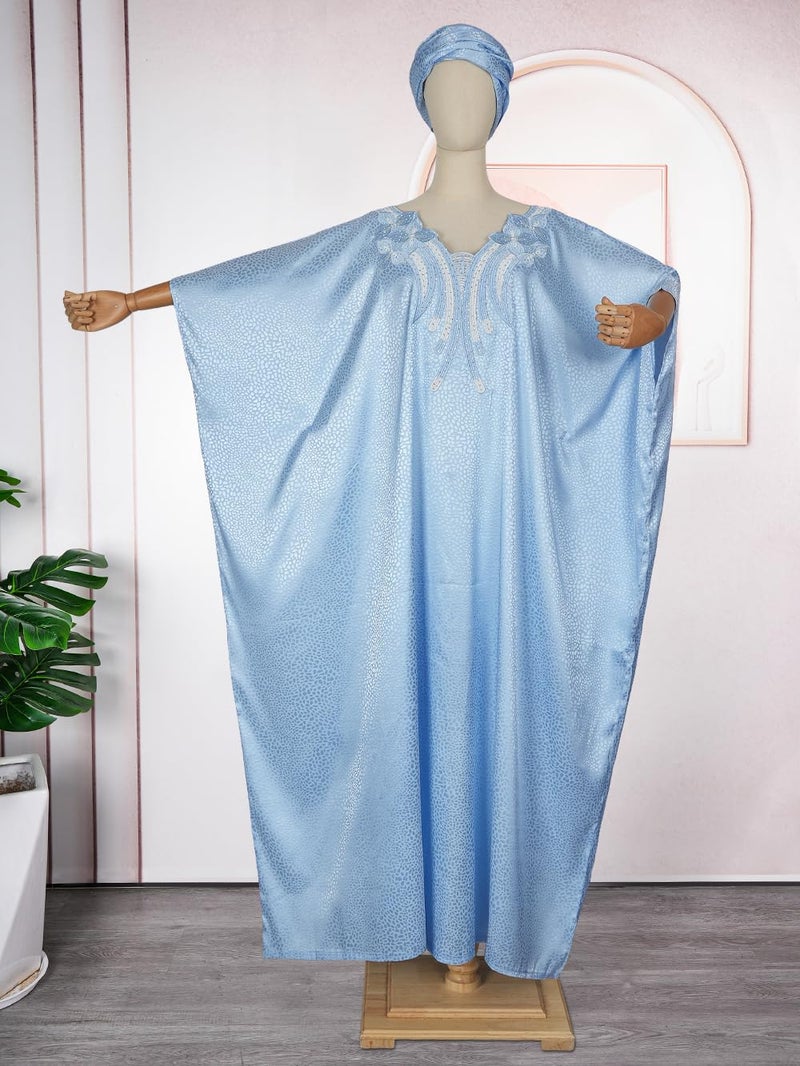 HD African Emroidery&Rhinestone Kaftan Dress for Women Blue Casual Maxi One Size Gown with Inner Adjustable Belt - Image 2