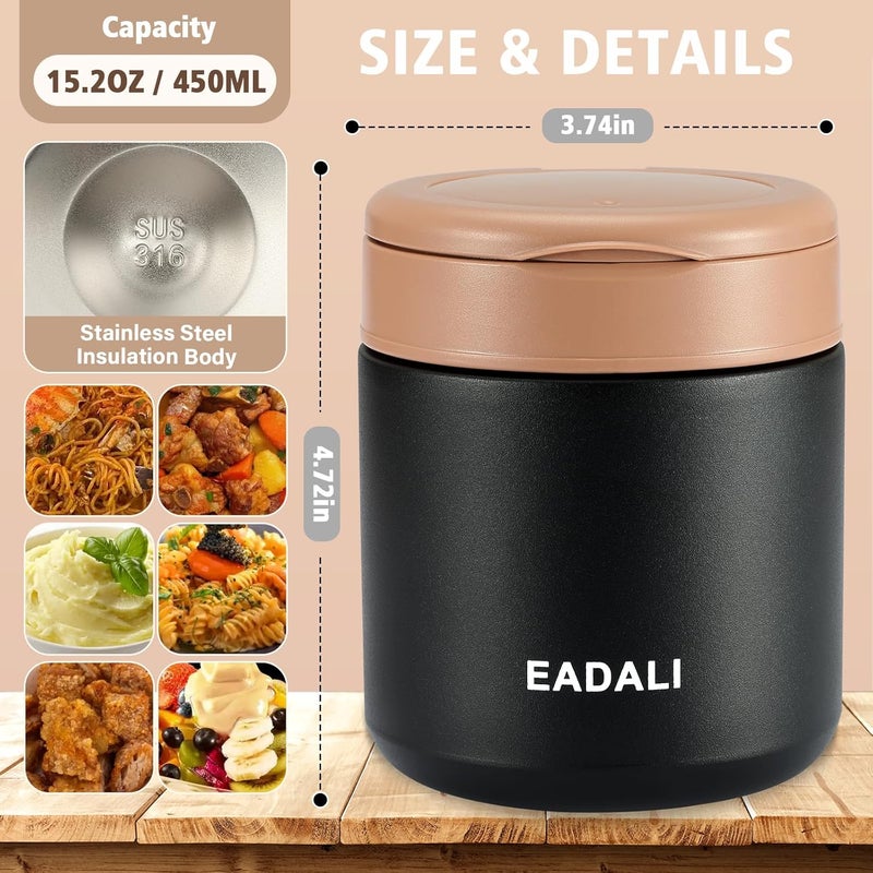 Eadali 15.2oz Kids Food Jar for Hot Food – Vacuum Insulated Lunch Container with 316 Stainless Steel Interior, Leakproof Wide Mouth & Foldable Spoon for School Meals - Image 2