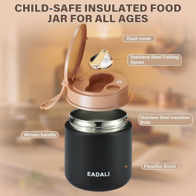 Eadali 15.2oz Kids Food Jar for Hot Food – Vacuum Insulated Lunch Container with 316 Stainless Steel Interior, Leakproof Wide Mouth & Foldable Spoon for School Meals - Image 3