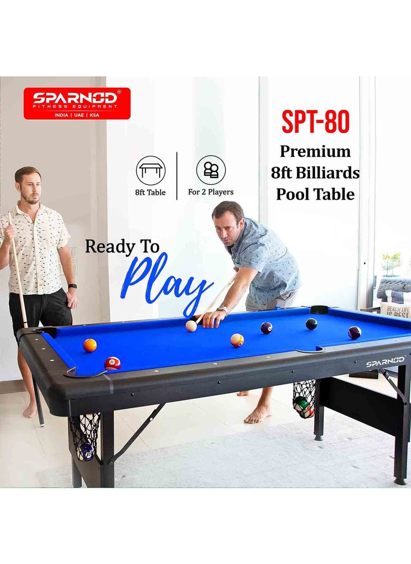 Sparnod Fitness - Sparnod Fitness SPT-80 8FT Billiards Pool Table – Durable MDF Construction with Blue Wool Cloth, Complete Set Included, Instant Setup, Foldable Design for Family and Pool Hall Use - Image 1
