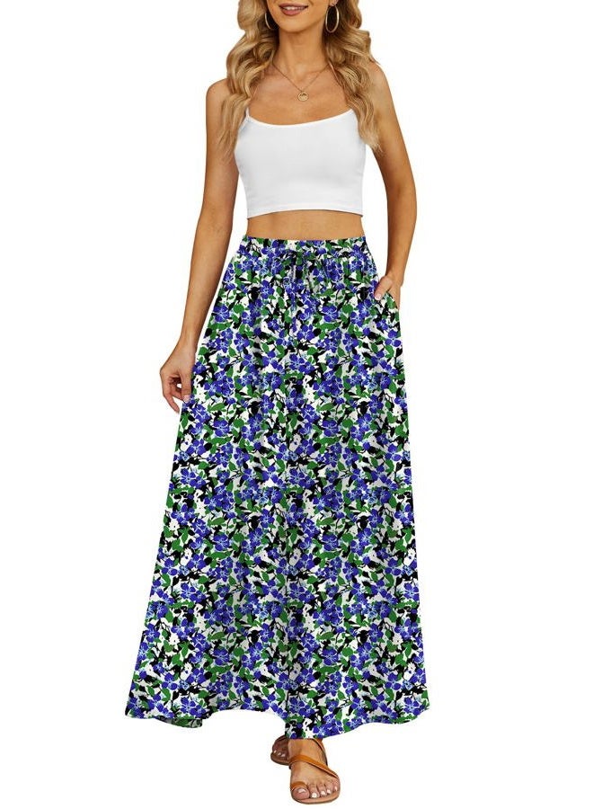 Yincro Women's Flowy Maxi Skirt Summer Pleated High Waisted Casual Long Skirts with Pockets, Blue Green Ditsy Floral, S - Image 2