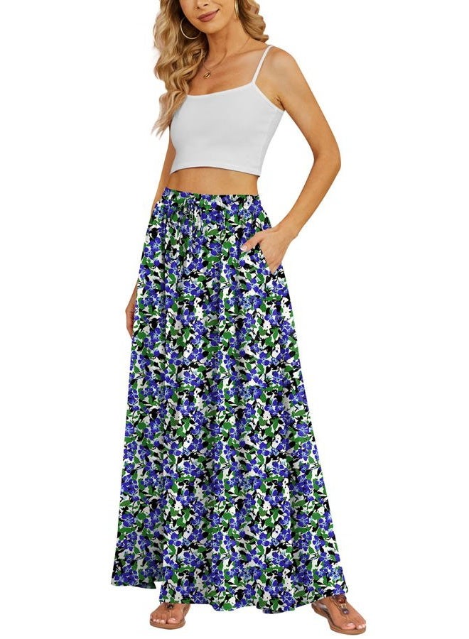Yincro Women's Flowy Maxi Skirt Summer Pleated High Waisted Casual Long Skirts with Pockets, Blue Green Ditsy Floral, S - Image 1