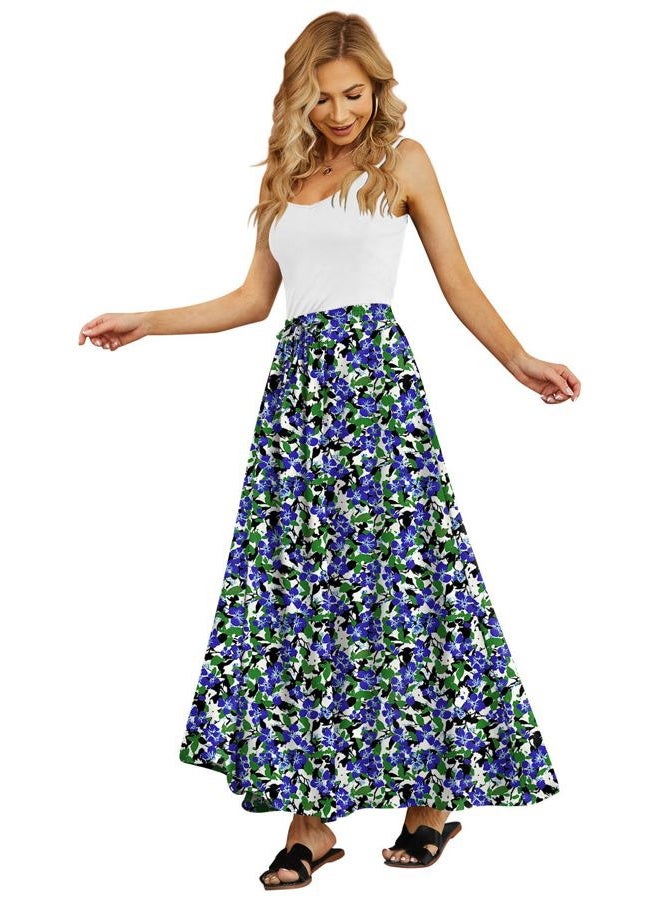 Yincro Women's Flowy Maxi Skirt Summer Pleated High Waisted Casual Long Skirts with Pockets, Blue Green Ditsy Floral, S - Image 3