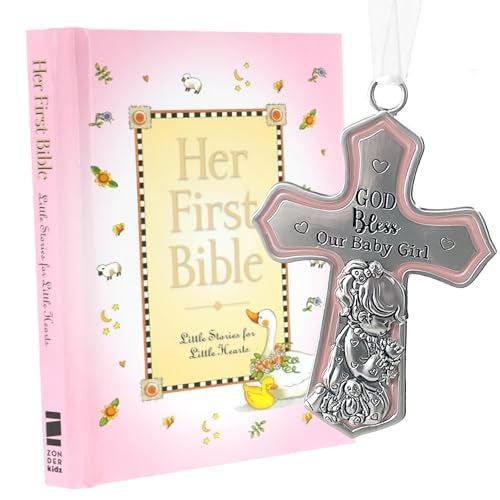 elskandi Baby Girl First Bible Catholic Baptism Gift Set Pink Her First Bible Crib Cross with God Bless Our Baby Girl Christening Keepsake from Godparents Dedication or Newborn Girl Gift - Image 1