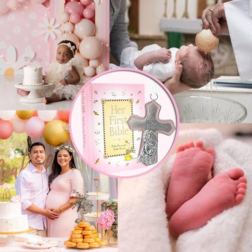 elskandi Baby Girl First Bible Catholic Baptism Gift Set Pink Her First Bible Crib Cross with God Bless Our Baby Girl Christening Keepsake from Godparents Dedication or Newborn Girl Gift - Image 3
